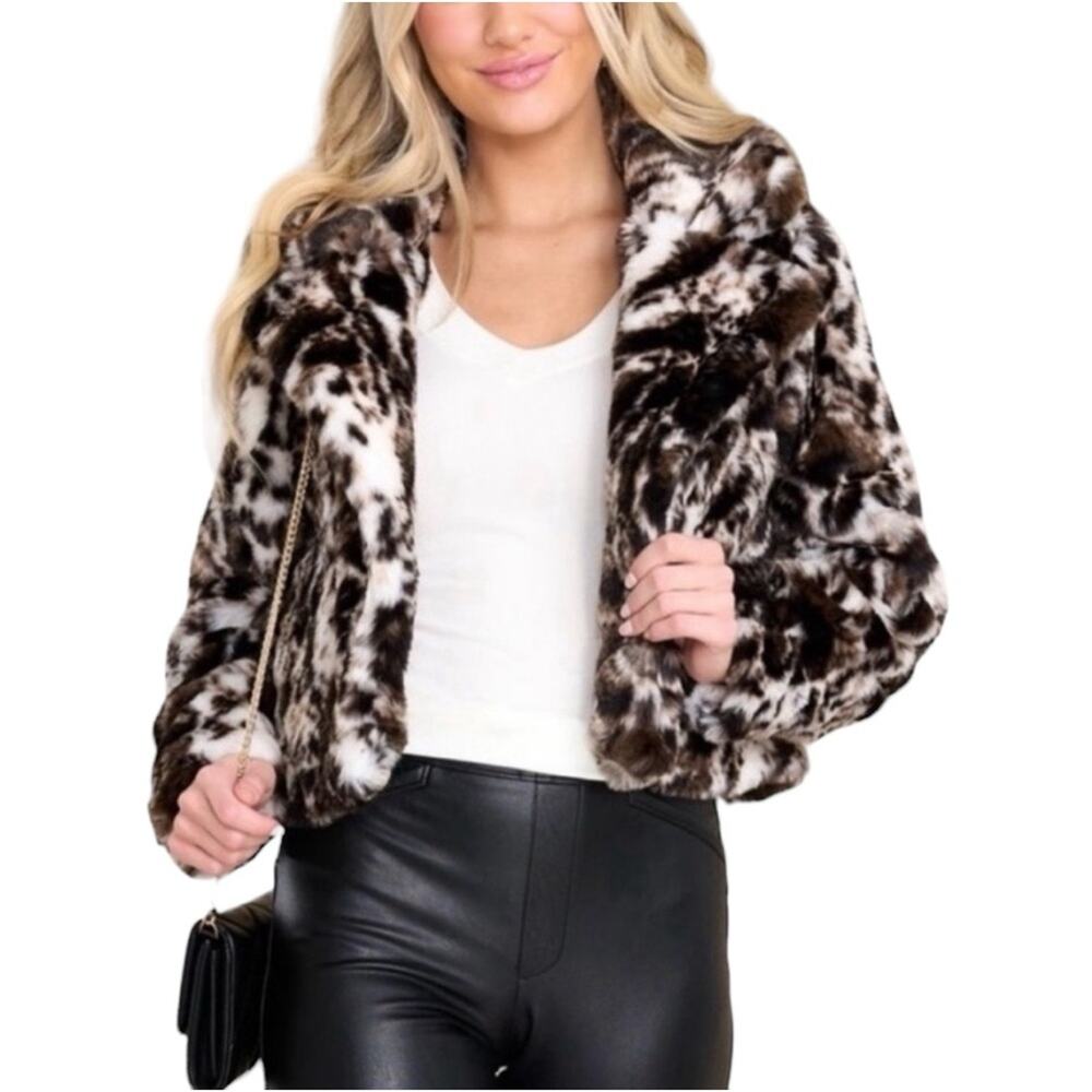 NWT BAND OF THE FREE Ivory Black Animal Print Faux Fur Jacket Women’s